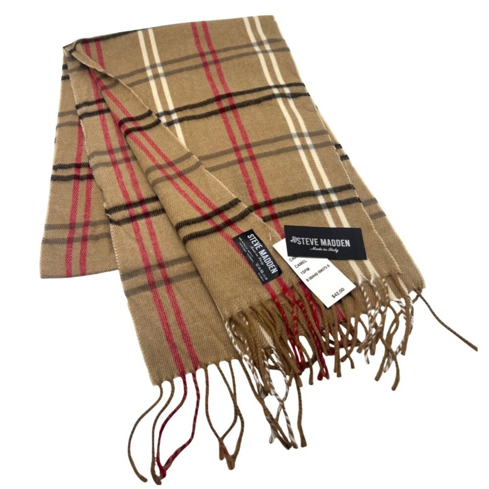 Steve Madden Mid Weight Plaid Muffler Scarf, 11”x 70”, Camel-Made in Italy
